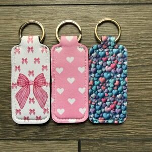 3pc Neoprene Chapstick Holder Keychain Set Pink Bows Hearts Lip Balm Sleeves